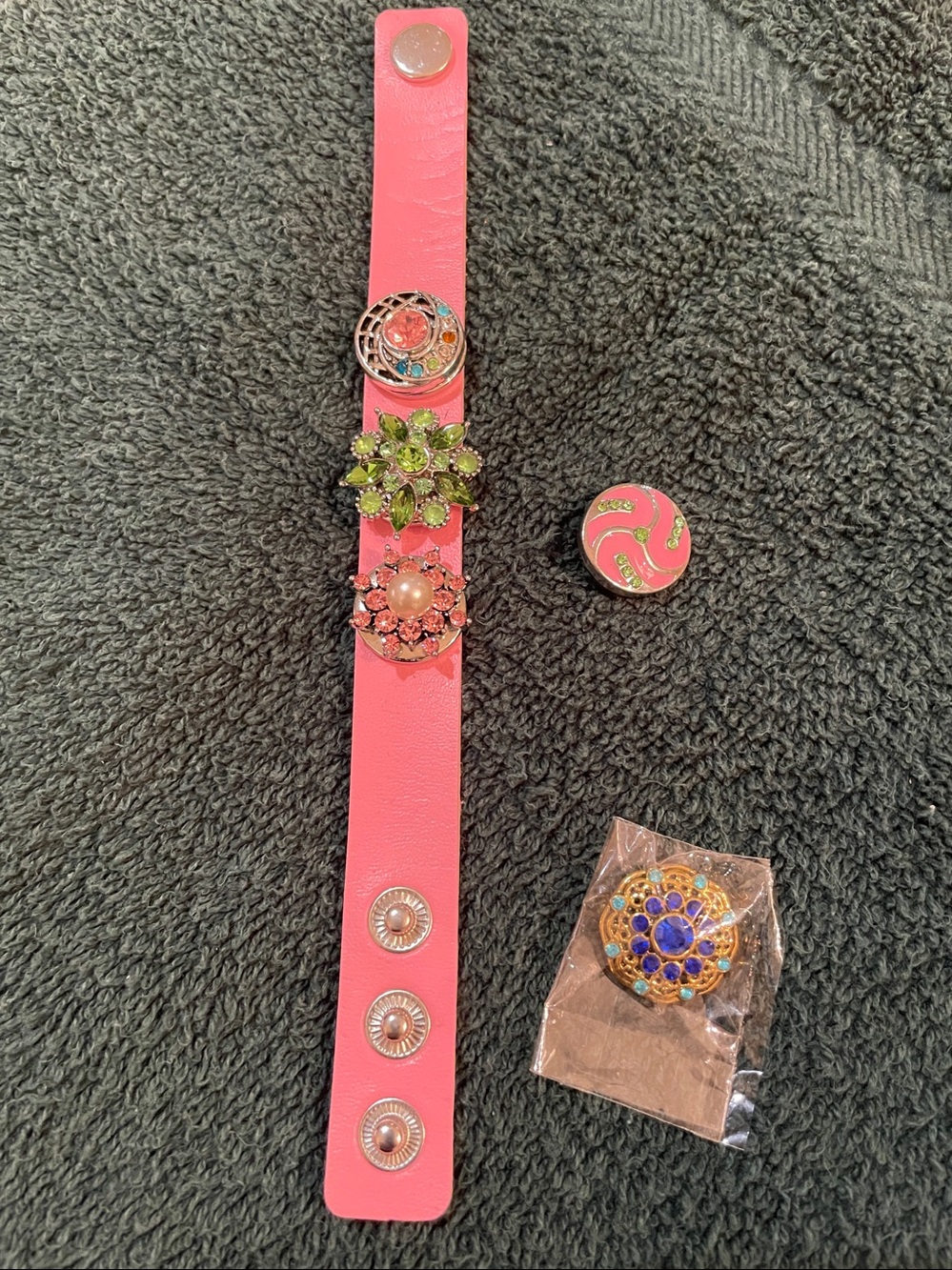 Interchangeable Pink Snap Bracelet with Decorative Charms